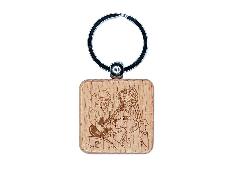 Animal Rock Band Wolf Lion Zebra Drums Guitar Engraved Wood Square Keychain Tag Charm