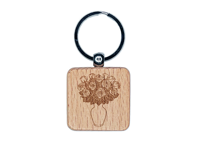 Bouquet of Roses Romantic Valentine's Day Anniversary Engraved Wood Square Keychain Tag Charm