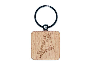 Curious Parakeet Budgie on a Branch Engraved Wood Square Keychain Tag Charm