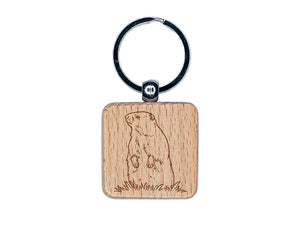 Groundhog Woodchuck Standing Up Engraved Wood Square Keychain Tag Charm