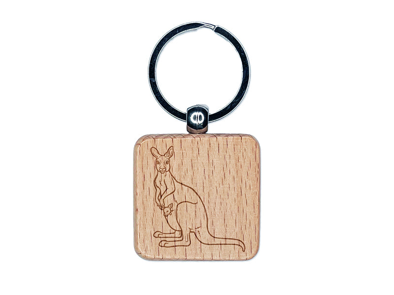 Kangaroo with Joey in Pouch Engraved Wood Square Keychain Tag Charm