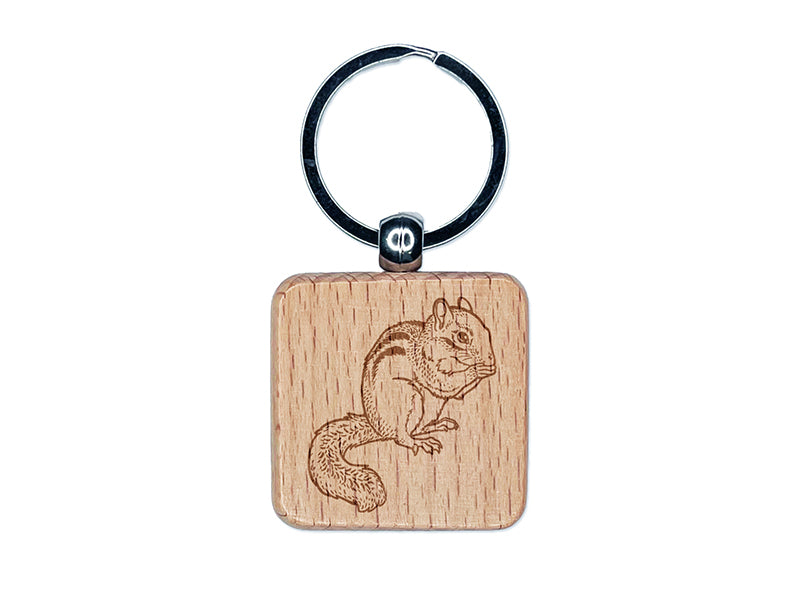 Nibbling Chipmunk Engraved Wood Square Keychain Tag Charm