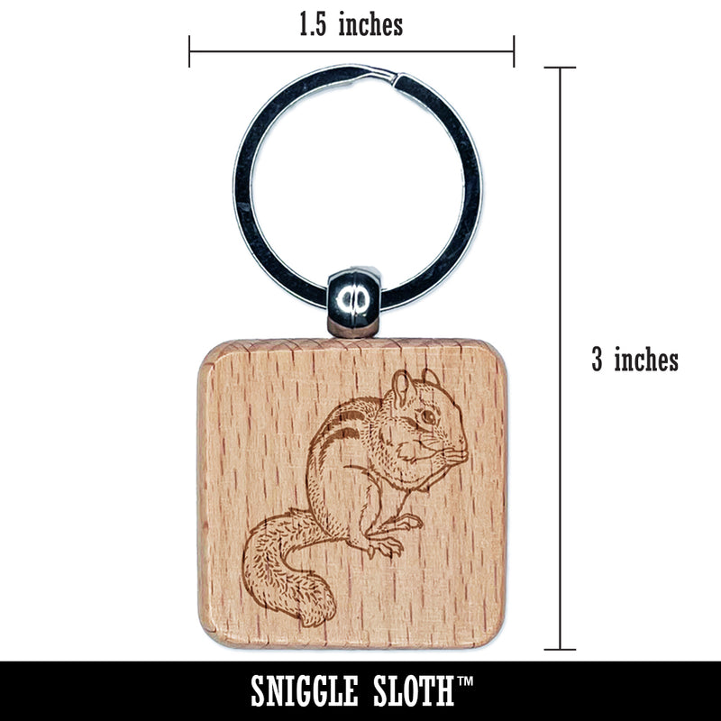 Nibbling Chipmunk Engraved Wood Square Keychain Tag Charm