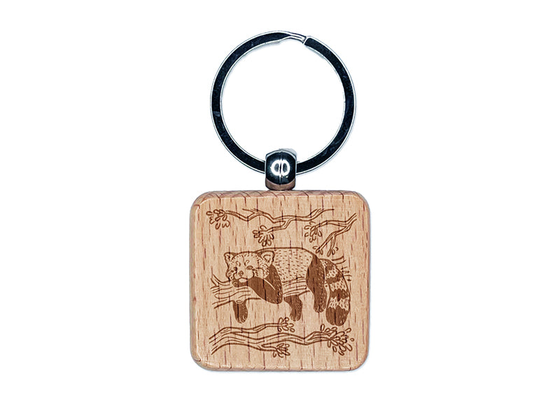 Red Panda Lounging on Branch Engraved Wood Square Keychain Tag Charm