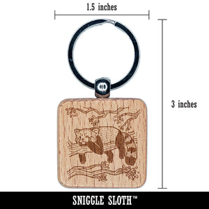 Red Panda Lounging on Branch Engraved Wood Square Keychain Tag Charm