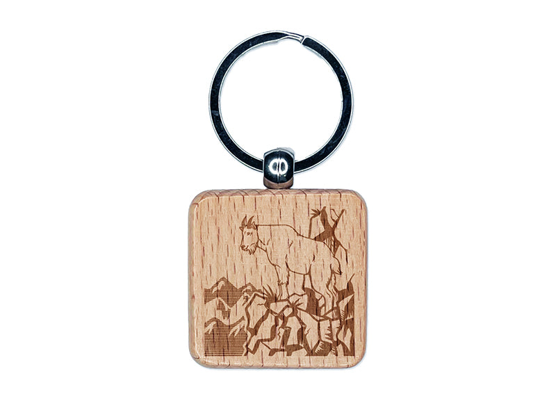 Rocky Mountain Goat on Ledge Engraved Wood Square Keychain Tag Charm