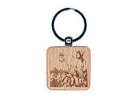 Rocky Mountain Goat on Ledge Engraved Wood Square Keychain Tag Charm