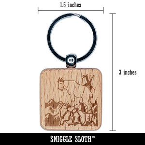 Rocky Mountain Goat on Ledge Engraved Wood Square Keychain Tag Charm