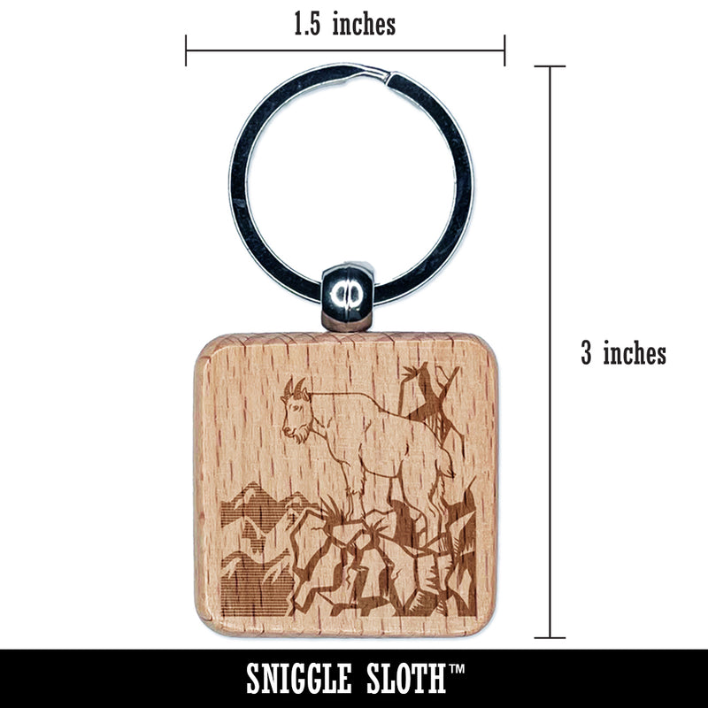 Rocky Mountain Goat on Ledge Engraved Wood Square Keychain Tag Charm