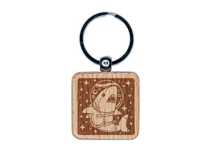 Shark Astronaut Floating in Space Engraved Wood Square Keychain Tag Charm