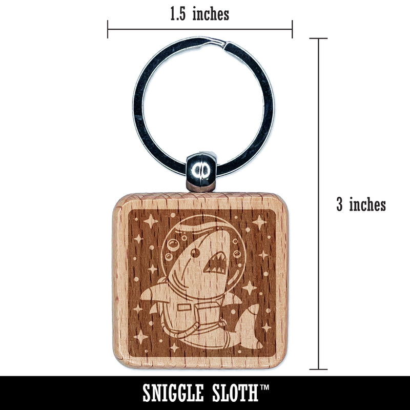 Shark Astronaut Floating in Space Engraved Wood Square Keychain Tag Charm