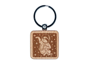Sloth Astronaut Floating in Space Engraved Wood Square Keychain Tag Charm
