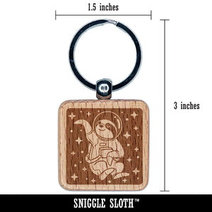Sloth Astronaut Floating in Space Engraved Wood Square Keychain Tag Charm