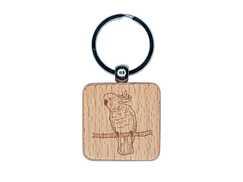 Sulphur-Crested Cockatoo Parrot on a Branch Engraved Wood Square Keychain Tag Charm