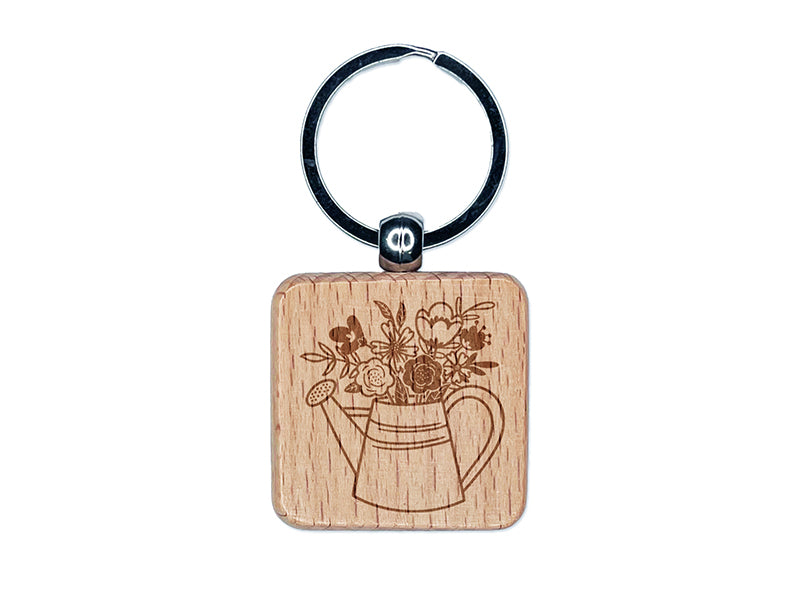 Watering Can Bouquet of Flowers Engraved Wood Square Keychain Tag Charm