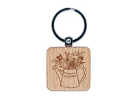 Watering Can Bouquet of Flowers Engraved Wood Square Keychain Tag Charm