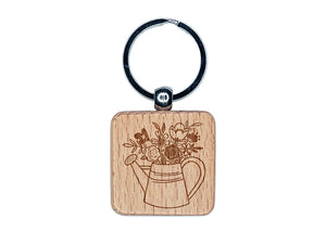 Watering Can Bouquet of Flowers Engraved Wood Square Keychain Tag Charm