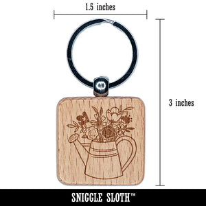 Watering Can Bouquet of Flowers Engraved Wood Square Keychain Tag Charm