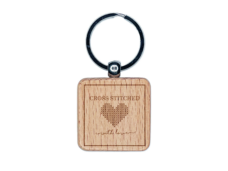 Cross Stitched Heart With Love Label Engraved Wood Square Keychain Tag Charm