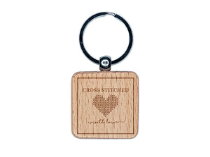 Cross Stitched Heart With Love Label Engraved Wood Square Keychain Tag Charm