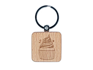 Deliciously Sweet Hand Drawn Cupcake With Sprinkles Engraved Wood Square Keychain Tag Charm