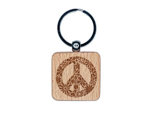 Detailed Floral Peace Sign Engraved Wood Square Keychain Tag Charm