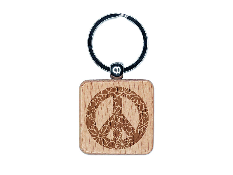 Detailed Floral Peace Sign Engraved Wood Square Keychain Tag Charm