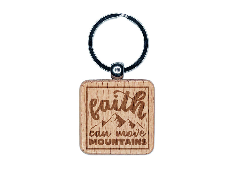 Faith Can Move Mountains Inspirational Bible Verse Engraved Wood Square Keychain Tag Charm