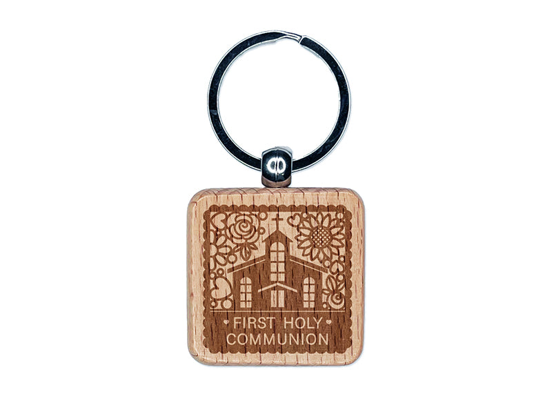 First Holy Communion Cute Chapel with Floral Scalloped Border Engraved Wood Square Keychain Tag Charm