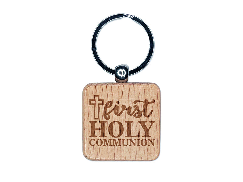 First Holy Communion with Cross Engraved Wood Square Keychain Tag Charm