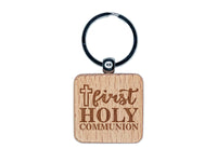 First Holy Communion with Cross Engraved Wood Square Keychain Tag Charm