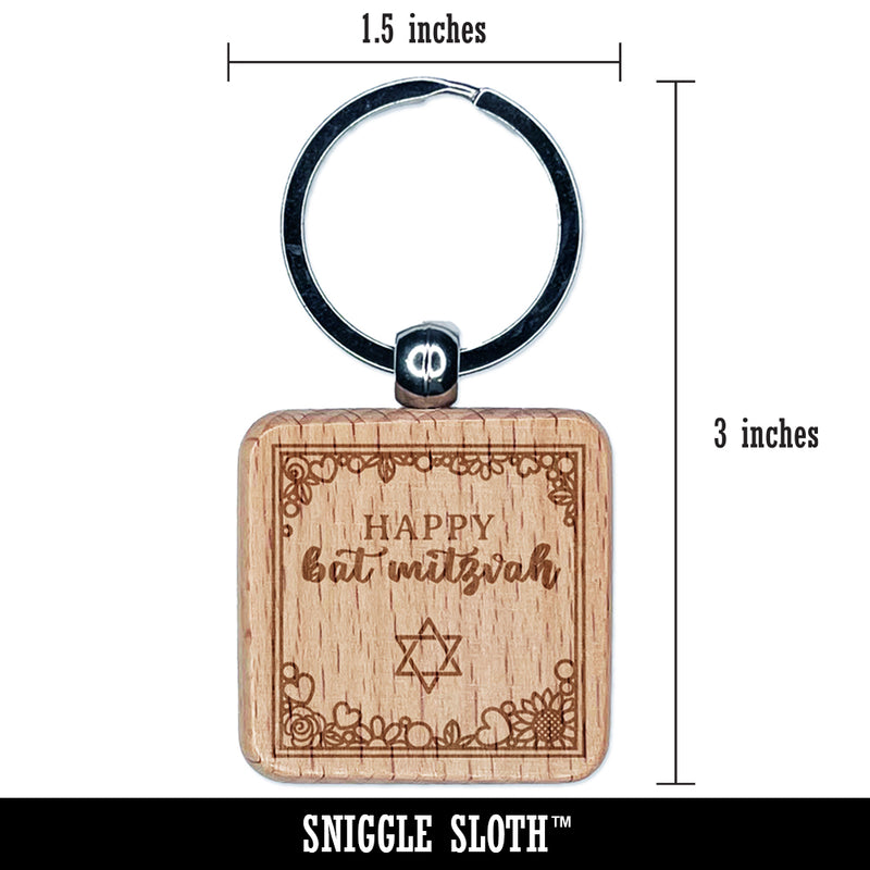 Happy Bat Mitzvah Sweet Floral Border 13th Birthday for Jewish Girl Engraved Wood Square Keychain Tag Charm