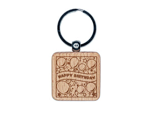 Happy Birthday Cute Balloons and Stars Engraved Wood Square Keychain Tag Charm