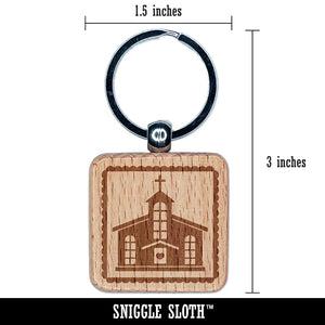 Holy Chapel Church Silhouette on Scalloped Square Border Engraved Wood Square Keychain Tag Charm