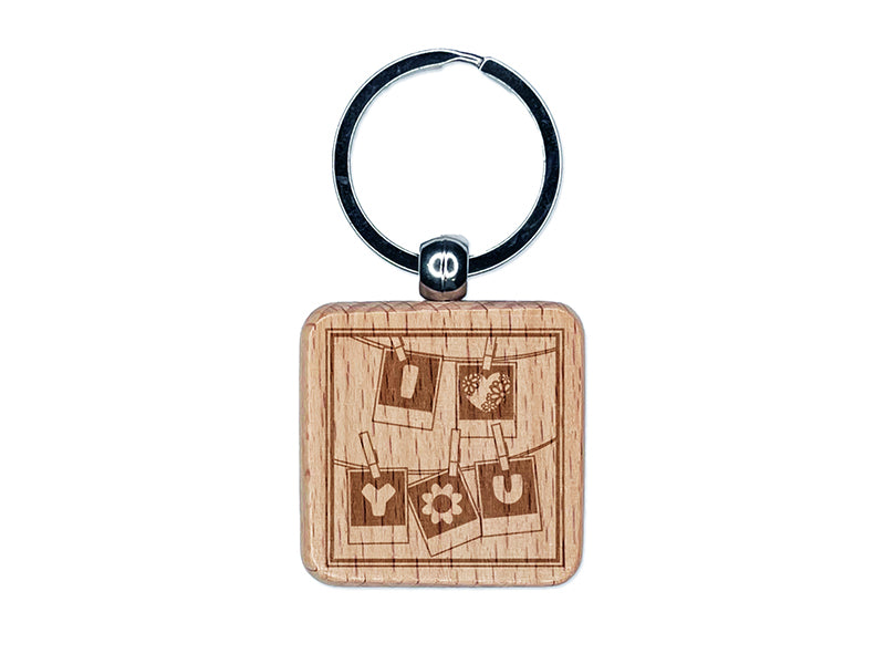 I Love You Instant Photographs Hanging from Line Engraved Wood Square Keychain Tag Charm