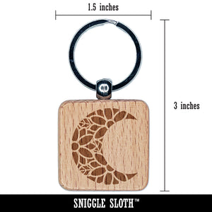 Intricate Geometric Flower Moon Engraved Wood Square Keychain Tag Charm