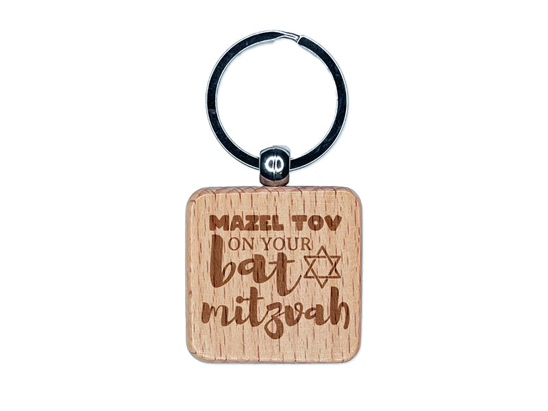 Mazel Tov Congratulations on Your Bat Mitzvah For Jewish Girl Engraved Wood Square Keychain Tag Charm