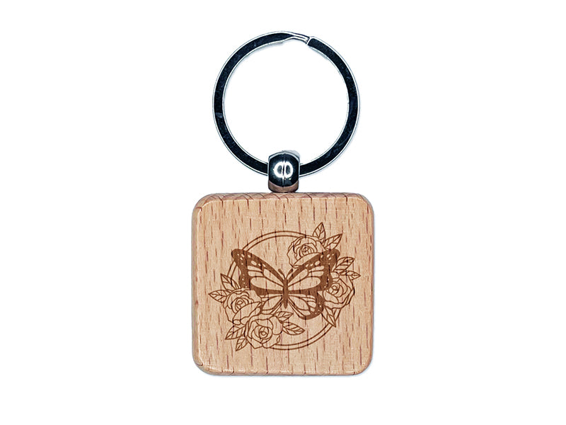 Monarch Butterfly with Roses in Circle Frame Engraved Wood Square Keychain Tag Charm