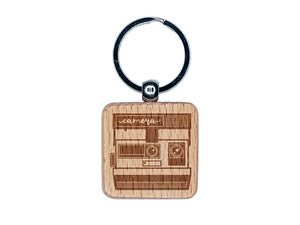 Vintage Instant Camera Photography Engraved Wood Square Keychain Tag Charm