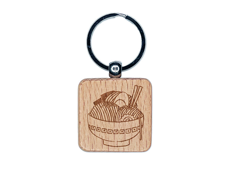 Yummy Fun Ramen Noodle Doodle Engraved Wood Square Keychain Tag Charm