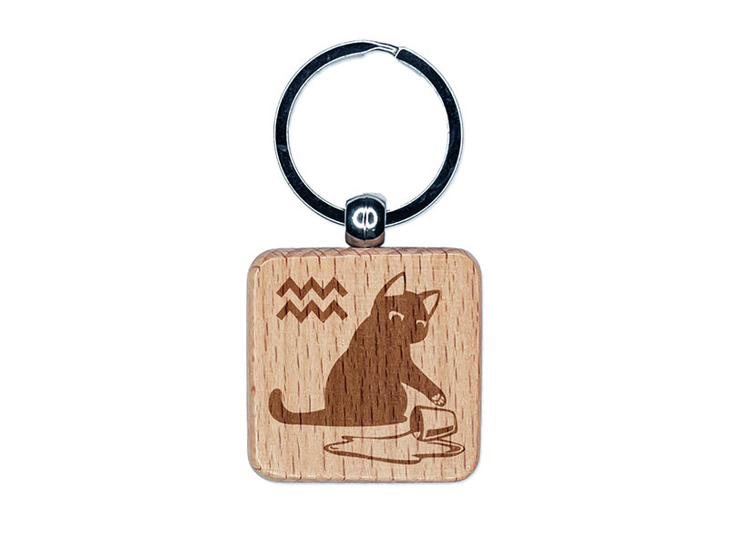 Astrological Cat Aquarius Horoscope Zodiac Sign Engraved Wood Square Keychain Tag Charm