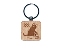 Astrological Cat Aquarius Horoscope Zodiac Sign Engraved Wood Square Keychain Tag Charm