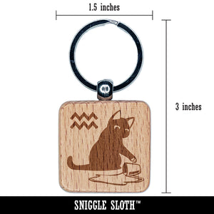 Astrological Cat Aquarius Horoscope Zodiac Sign Engraved Wood Square Keychain Tag Charm