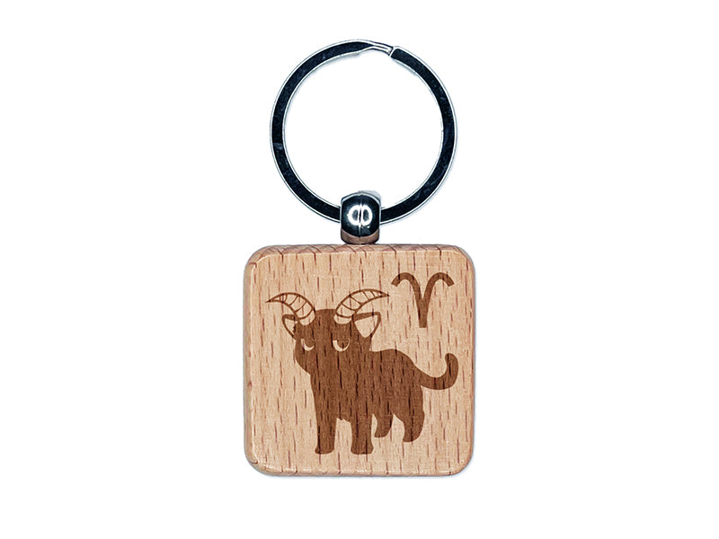 Astrological Cat Aries Horoscope Zodiac Sign Engraved Wood Square Keychain Tag Charm