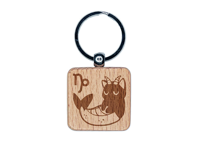 Astrological Cat Capricorn Horoscope Zodiac Sign Engraved Wood Square Keychain Tag Charm