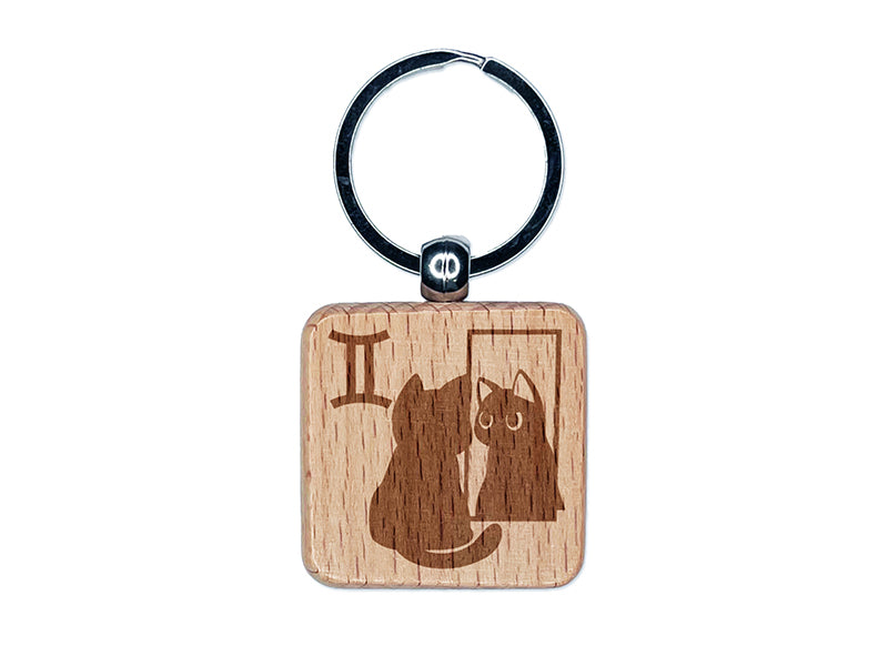 Astrological Cat Gemini Horoscope Zodiac Sign Engraved Wood Square Keychain Tag Charm