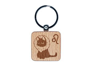 Astrological Cat Leo Horoscope Zodiac Sign Engraved Wood Square Keychain Tag Charm