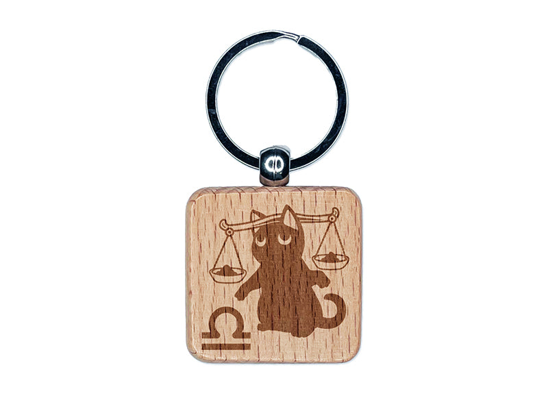 Astrological Cat Libra Horoscope Zodiac Sign Engraved Wood Square Keychain Tag Charm