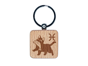 Astrological Cat Pisces Horoscope Zodiac Sign Engraved Wood Square Keychain Tag Charm