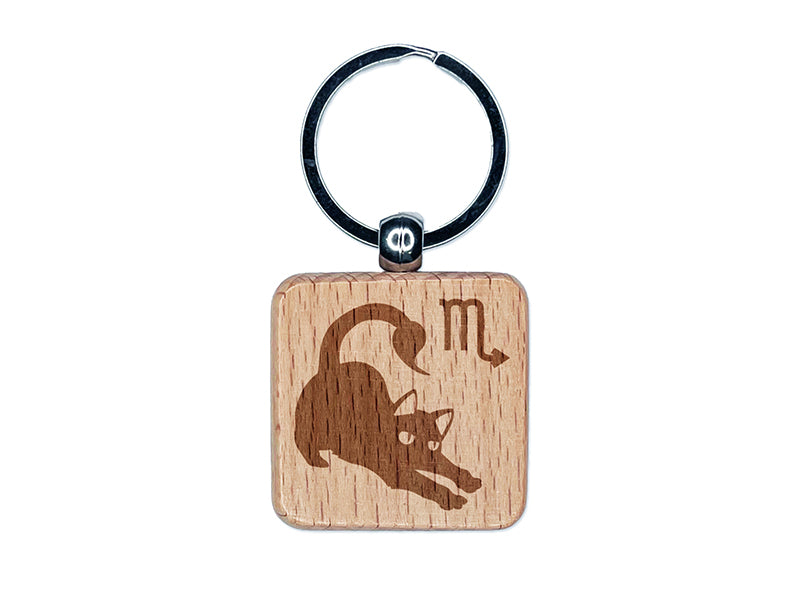 Astrological Cat Scorpio Horoscope Zodiac Sign Engraved Wood Square Keychain Tag Charm